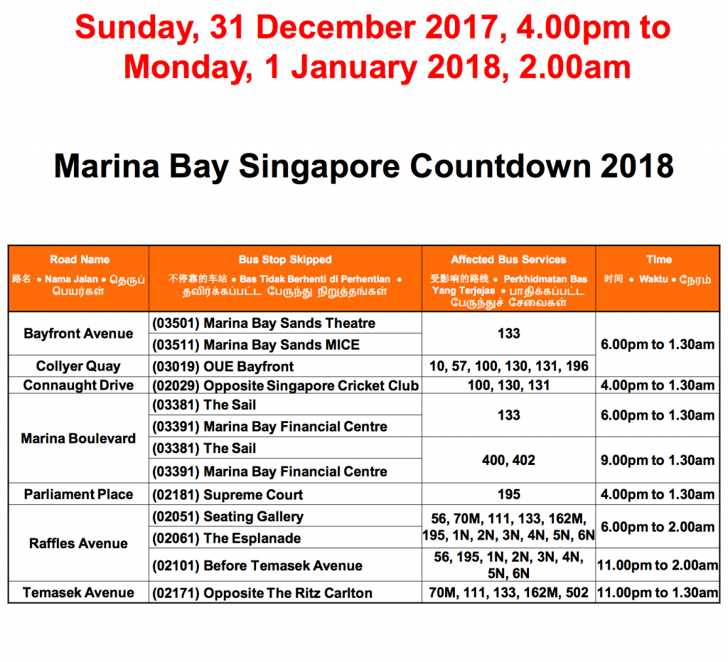 31/12/2017—1/1/2018 巴士改道通知！-热点新加坡