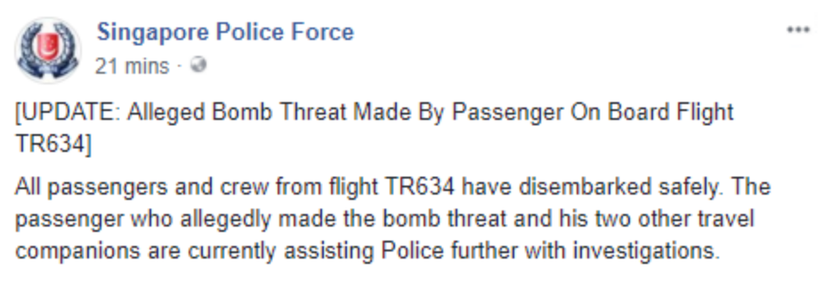 酷航班机收到炸弹威胁，一名涉事男子被捕-热点新加坡